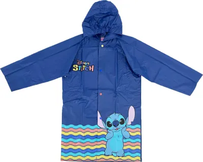 Obrázok produktu pre Detský nepremokavý plášť do dažďa Disney Stitch s kapucňou, chlapčenská a dievčenská bunda do dažďa, modrá s gombíkovým zapínaním, možno prať v práčke, veľkosť: 98–104