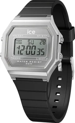 A close-up studio shot of a digital watch with a silver-tone metal case and a black rubber strap, displayed against a white background.