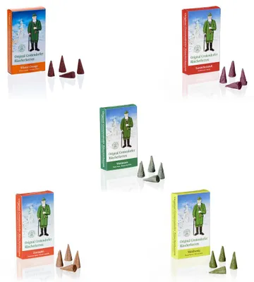 Produktbild von Crottendorfer Räucherkerzen 5er Set Sandelholz / Waldhonig / Waldmoos / Zimtapfel / Winterorange - Inhalt jeweils 24 Stück, Größe M (Standard)