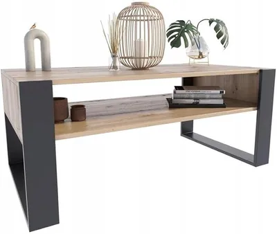 Produktbild von Couchtisch KAJA H50 x B120 x T63,6 cm, offenes Regal unter der Arbeitsplatte, praktische Eleganz und Funktionalität, Retro-Loft (Artisan Eiche-Schwarz)