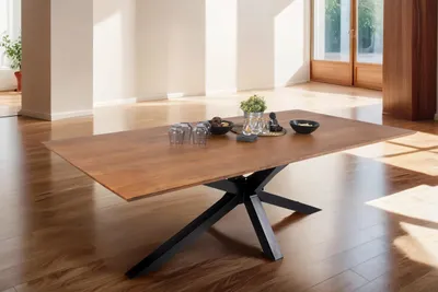 Produktbild von Esstisch 280x100 cm Abby, Akazienholz massiv + nussbaumfarben, Esszimmertisch mit Schweizer Kante, Spider-Metallgestell Schwarz, massiver Holztisch, Tischplatte 26mm