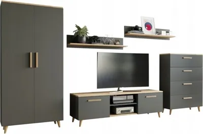 Produktbild von Wohnwand Nord 2 Per La Vita, Schrankwand, Wohnzimmerschrank mit Fernsehtisch, Sideboard und Wandregal, Kleiderschrank Artisan Antracyt, Wohnzimmer