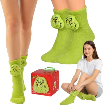 Produktbild von Grinch Damen, WARM, PLÜSCH, hohe Socken, WEIHNACHTS-Socken in einer GESCHENKBOX
