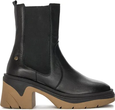 Produktbild von Damen Stiefeletten aus Naturnarbenleder Schwarz Dunkelbeige mit 8 cm Absatz und 3 cm Plateau