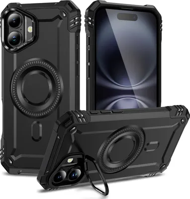 Image de Étui magnétique pour iPhone 16, étui de protection militaire robuste avec support d'anneau pour appareil photo Noir
