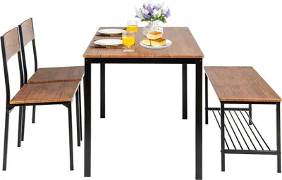 A dining set with a table, two chairs, and a bench, set against a white background.