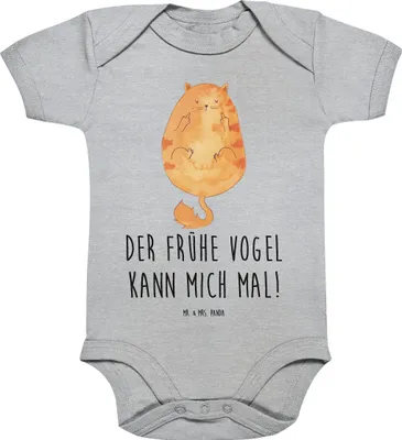 Produktbild von Mr. & Mrs. Panda babykleidung body Katze Frühaufsteher 12. - 18. Monat - Heather Grey - Geschenk, Kaffee, baumwoll overall, Tiger, Strampler, Einteiler, Genervt, Baby