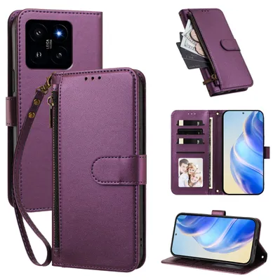 Obrázek produktu pro Peněženkové pouzdro pro Xiaomi 14,Polyuretankožené pouzdro s přihrádkami na karty, stojánkem a poutkem na ruku Fialová