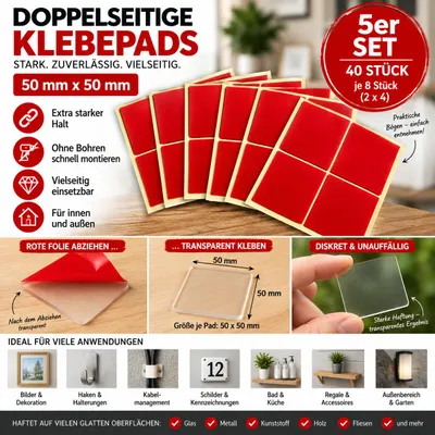 Produktbild von 5er Set Doppelseitige Klebepads 50 x 50 mm – 40 Stück – Starke transparente Klebepads für Befestigung, Montage & Haushalt, KI-generiertes Bild