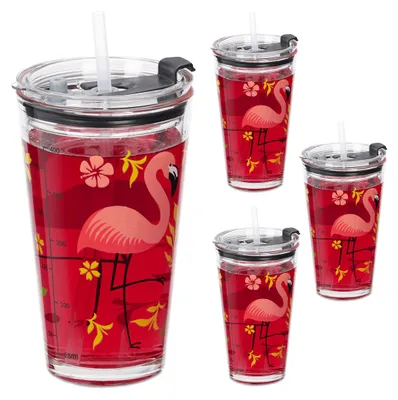 Immagine prodotto di Set di 4 bicchieri Relaxdays, motivo fenicottero, con coperchio e cannuccia, 450 ml, bicchieri in vetro per bambini, bicchieri per frullati, trasparenti