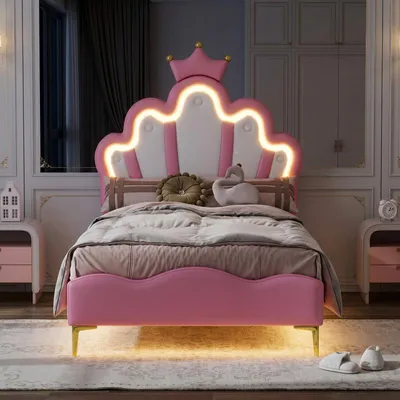 Image de ProximaX lit d'enfant 90x200 cm en rose avec éclairage LED à la tête et aux pieds, design rembourré et cadre stable - lit moderne et sûr pour la chambre des filles