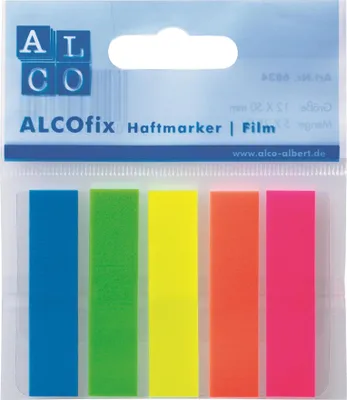 Produktbild von ALCOfix Haftmarker, Film, 12 x 50 mm, je Farbe 25 Stück, Rot, Orange, Gelb, Grün, Blau