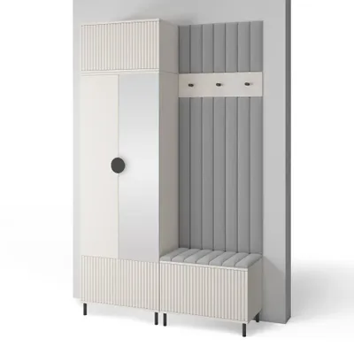 Produktbild von Garderoben-Set Ritmo version 4 – gefräste Kleiderschrank mit Polsterplatten, Schuhschrank, für Flur und Eingangsbereich (cashmere, Trinity 14)