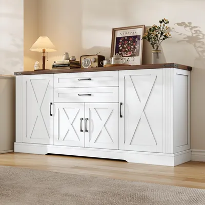 Produktbild von STILVORA Sideboard mit Arbeitsplatte und 4 Türen, Küchenschrank mit 2 Schubladen, Buffetschrank für Küche, Wohnzimmer und Esszimmer, Weiß