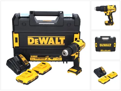 A collage of images showing a DeWALT cordless drill, batteries, charger, and case.