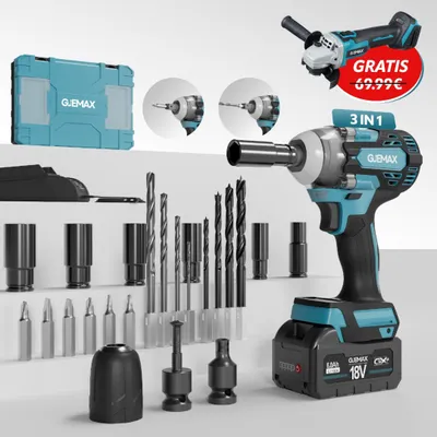 Produktbild von GJEMAX Schlagschrauber 18V, 520NM – inkl. Schnellladegerät, 1x 6,0 Ah Akku, Bohrer-, Nuss- & Bitset, Bohrfutter & Koffer + GRATIS Winkelschleifer