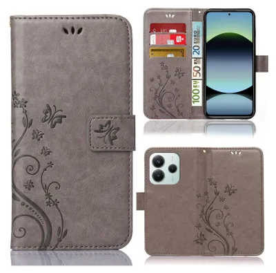 Produktbild von Handy Tasche für Xiaomi Redmi Note 14 Hülle Handyhülle mit Blumenmuster Klapp Hülle mit Standfunktion und Kartenfächer Farbe Grau