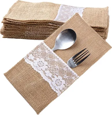 Produktbild von 20 Stück Jute Bestecktaschen Besteckbeutel Besteckhalter Sackleinen mit Spitze Vintage Hochzeitsdeko Tischdeko für Hochzeit Party
