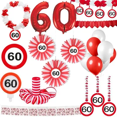Produktbild von 60. Geburtstag Verkehrsschild Partyset Party Dekoration Geburtstag Jubiläum weiss rot Zahl
