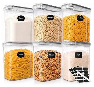 Immagine prodotto di Barattolo ermetico con coperchio - Contenitore alimenti 4 litri - Set da 6 pezzi - Trasparente - Per cereali, pasta e farina