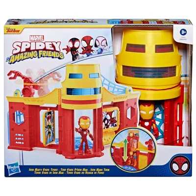 The image shows the packaging of a Spidey and His Amazing Friends toy set, featuring Iron Man's Tower.