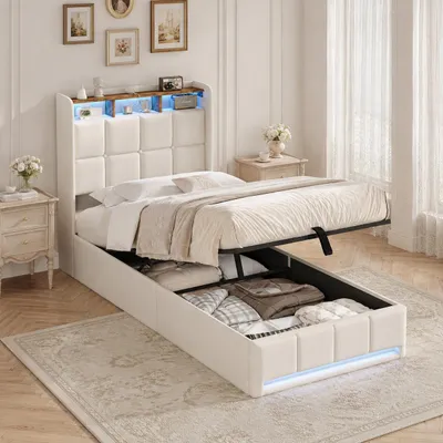 Obrázek produktu pro Postel s pružinovou základnou INONEFT, čalouněná, 90 x 200 cm, hydraulický úložný prostor, jednolůžko s USB portem a LED osvětlením, postel pro mládež, barva: béžová