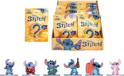 A collage of Stitch blind pack mystery figures and their packaging.