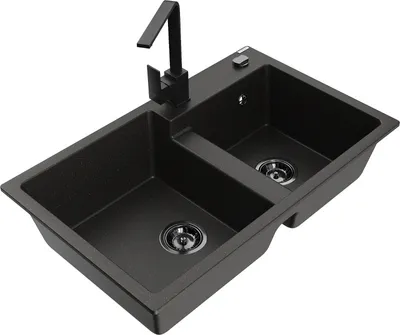 Produktbild von Mexen Tomas 2-Becken-Granitspüle mit Mischbatterie Rita, Schwarz/Gold metallisch - 6516-75-670300-70-B