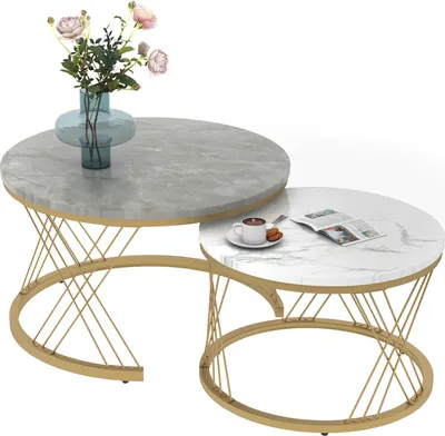 Produktbild von Moderne Nesting Couchtisch, Couchtisch Satz Marmor Furnier Sofa Seite Nest von Tischen Runde Endtische, Satz von 2, Goldene Farbe Frame