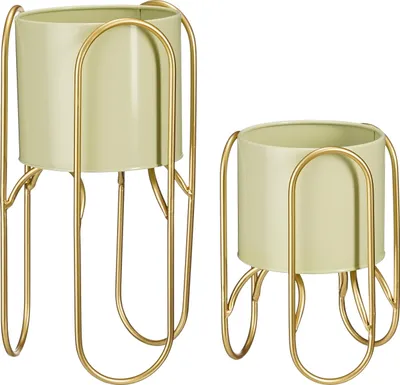 Produktbild von Mica Decorations Donau Blumentopf auf Ständer - 2er-Set - Metall - H45 x Ø23 cm - Hellgrün, Gold
