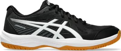 A side view of a black and white Asics Upcourt 6 volleyball shoe.
