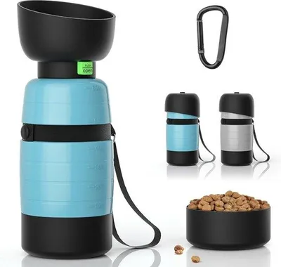 Produktbild von Famanu Wasserflasche für Hunde 550ml mit 150ml Futterbehälter - 3-in-1, faltbar, sicher und ungiftig