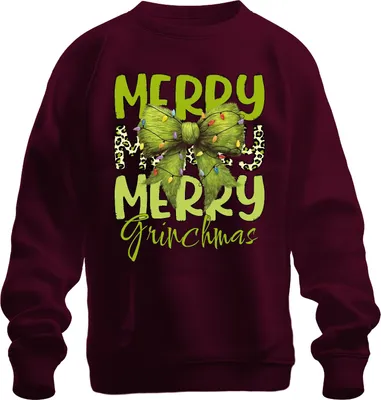 Imagen del producto de "Feliz Grinchmas", lazo verde, diseño navideño de leopardo, sudadera uni, color burdeos, talla 3XL