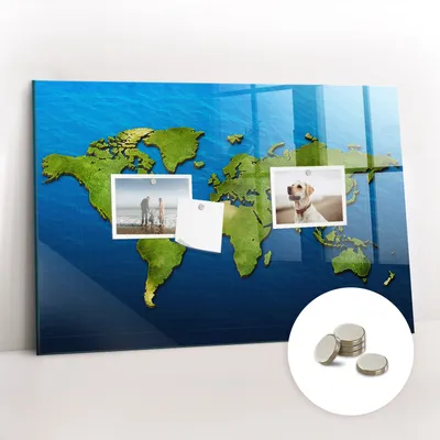 Obrázok produktu pre Magnetická tabuľa na stenu - Memo Tabuľa Sklenená - vrátane 5 magnetov - 60x40 cm - Mapa sveta
