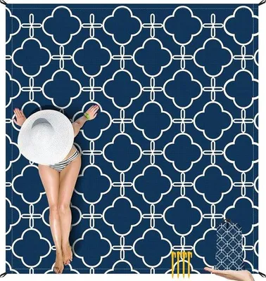 Immagine prodotto di Tappetino da spiaggia, 200 x 220 cm, grande, blu scuro, impermeabile, leggero, facile da trasportare, per la spiaggia, le escursioni, i viaggi, il campeggio