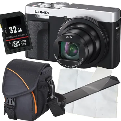 A product shot of a digital camera and its accessories, including a memory card, camera bag, and cleaning cloths.