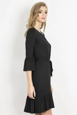 Produktbild von Damen Kleid Schira Schwarz Größe 40, lockerer Schnitt mit Rüschen und Bindegürtel