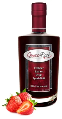 Image de Vinaigre balsamique aux fraises - Spécialité, 0,35L. Contient 80% de jus de fruits, est très fruité, aromatique et très doux. Teneur en acidité : 5%
