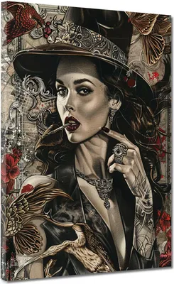 Produktbild von Frau mit Hut Tattoo Kunst modern Leinwandbild Wandbild Kunstdruck XL Wanddeko: 105x140x4cm