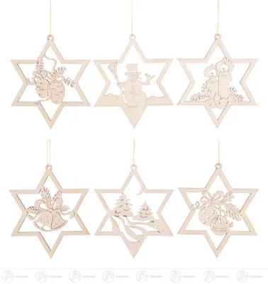 Produktbild von Baumschmuck Behang Weihnachtsmotive im Stern, Satz 2 (6) Breite x Höhe ca 8,5 cmx8,5 cm NEU