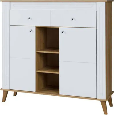 Produktbild von Vitrine Bambey 05, Farbe: Eiche / Weiß - 130 x 134 x 44 cm (H x B x T)