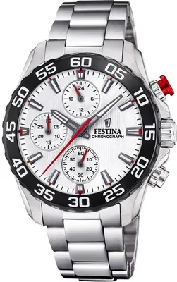 A close-up studio shot of a silver Festina chronograph watch with a white dial and black bezel.