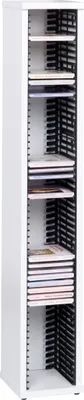 A tall, narrow white CD storage rack filled with CDs.