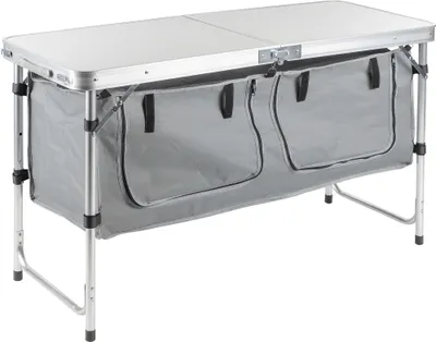 Produktbild von Campingtisch – Klappbarer Camping- und Gartentisch – Höhenverstellbar – Mit Staufach – Aluminium & MDF – 120 x 47 cm – Für Outdoor, Urlaub & Garten – 1 Stück [DA00403]