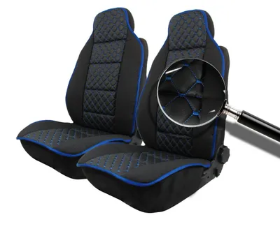 Produktbild von Komplett-Set: universelle Sitzbezüge (Massagertyp) 1+1 für Vordersitze, Luxus, schwarz mit blauer Naht, Kunstleder