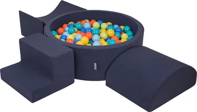 Produktbild von KiddyMoon spielplatz aus schaumstoff mit rund bällebad (300 bälle) ballgruben für babys spielbad hindernisläufen, hergestellt in der eu, dunkelblau:hellgrün/orange/türkis/blau/bblue/gelb