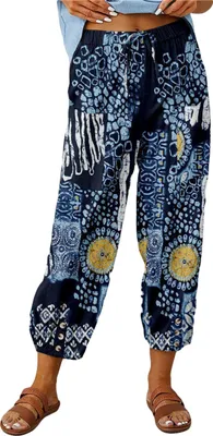 Image de ASKSA Femme 7/8 Imprimer Pantalon long en lin Pantalon d'été Jambe large Pantalon de loisirs Léger Pantalon en tissu lâche, Bleu foncé, 3XL