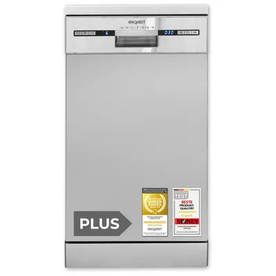 A front view of a silver dishwasher with control panel and branding badges.