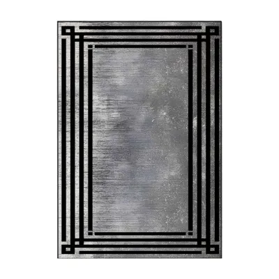 Produktbild von Teppich in Silberoptik mit schwarzem Rahmenmuster – 80x250 cm, rutschhemmend, Polyester-Samt, waschbar