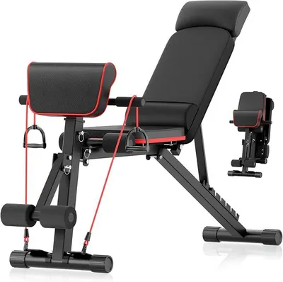 Imagen del producto de Banco de pesas: Banco plegable y ajustable hasta 365 kg, banco inclinado y plano multifuncional para entrenamiento de fuerza, banco de entrenamiento estable y equipo de fitness para el hogar con 8 niveles de ajuste